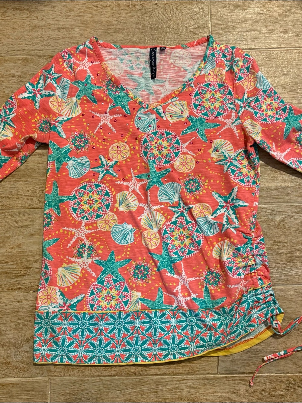 Casey Key Women's S Orange Multicolor Floral V-Neck 3/4 Sleeve Top size S
